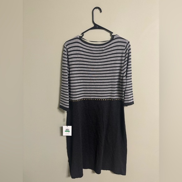 Calvin Klein Gray Black Striped Jersey  Dress Size Large New Knee Length - Picture 3 of 7